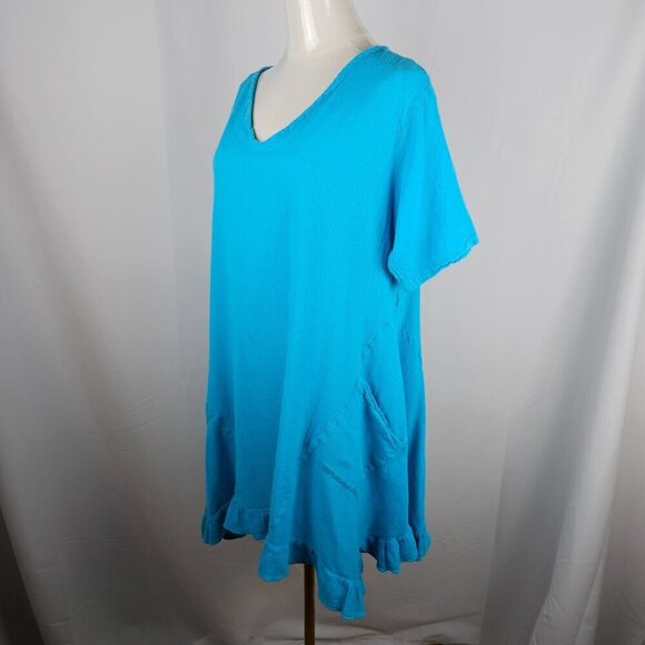 Oh My Gauze Dress Medium Cotton Ruffled Hem Pockets Turquoise Tropical Beach - Picture 3 of 8